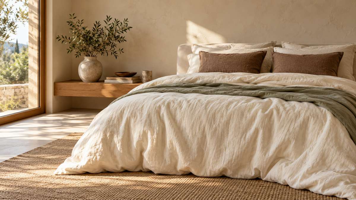 Illustrative ivory bedding bedroom with sage and cocoa accents